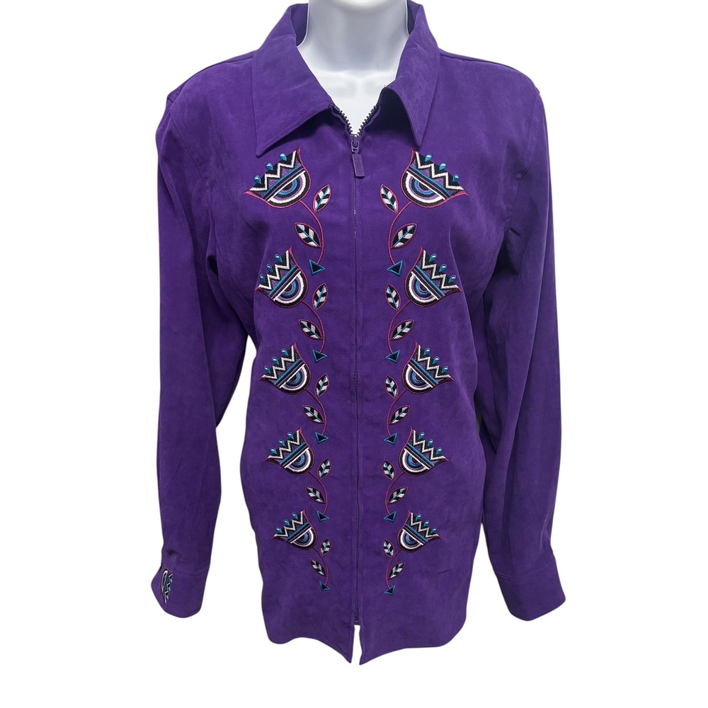 Bob Mackie Wearable Art Purple Faux Suede Embroidered Zip Up Jacket Women Medium